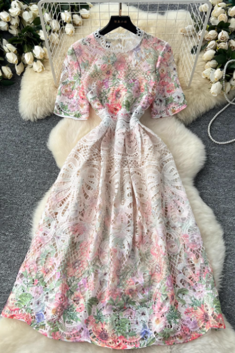Round Neck Long Sleeve Top And Printed Dress Set