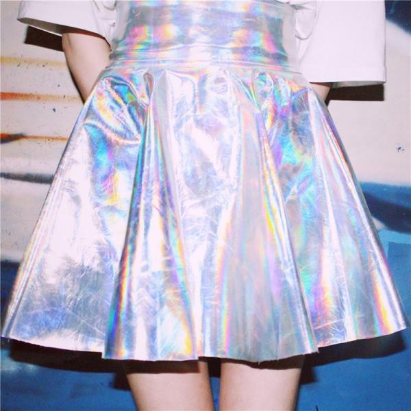 Women Harajuku Skirt Silver Holographic Kawaii Skirt