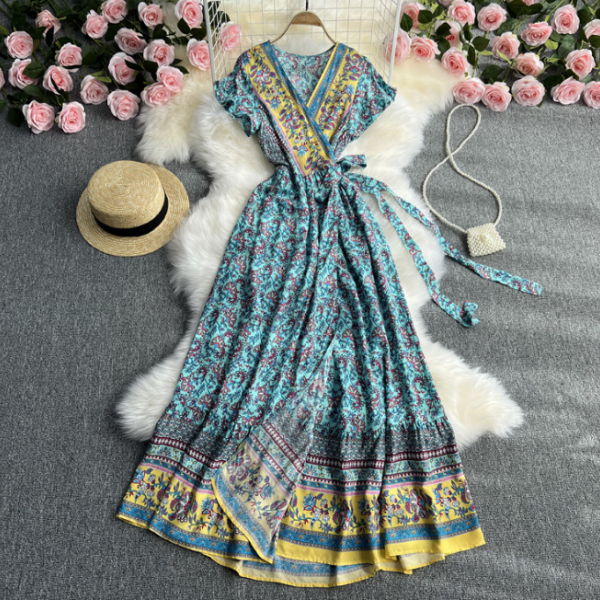 Vintage Printed V-Neck Floral Dress