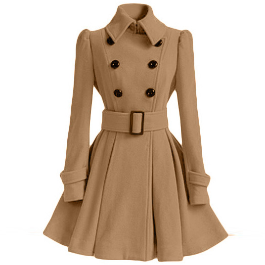 Long Sleeve Flared Hem Turn-down Collar Slim Double Button Wool Coat With Belt