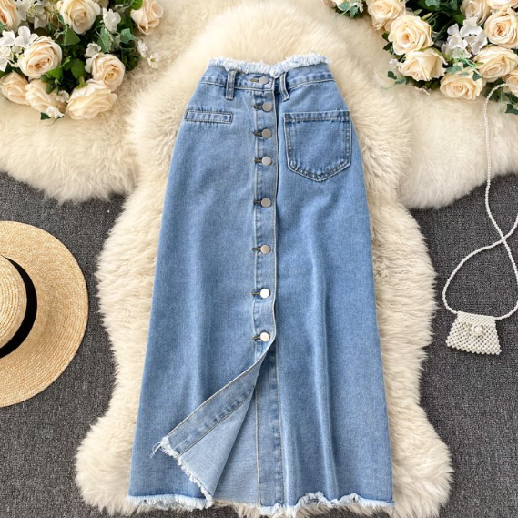 Vintage High Waist Single Breasted Slim Denim Skirt