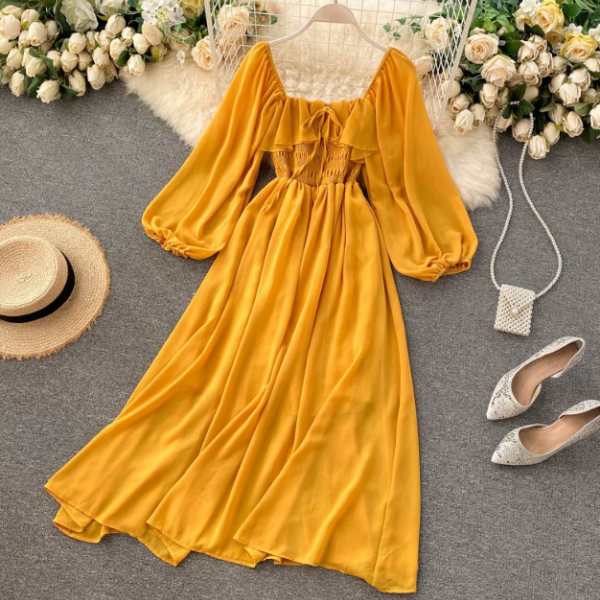 Vintage Chiffon Solid Color Long Sleeve Dress