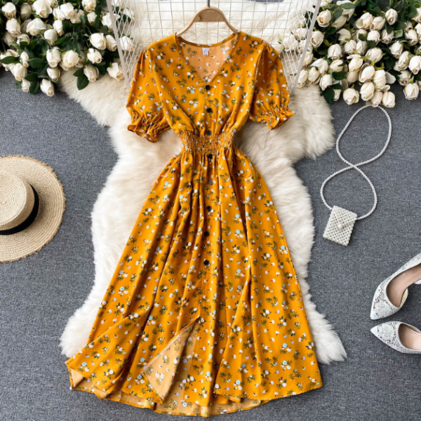 Flowers Bubble Sleeved Breasted Dress