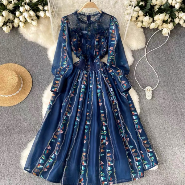 Long-sleeve Floral Temperament High-waisted With Puffed Sleeves Dress 