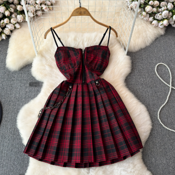 Sweet Red And Black Plaid Pleated Suspender Dress