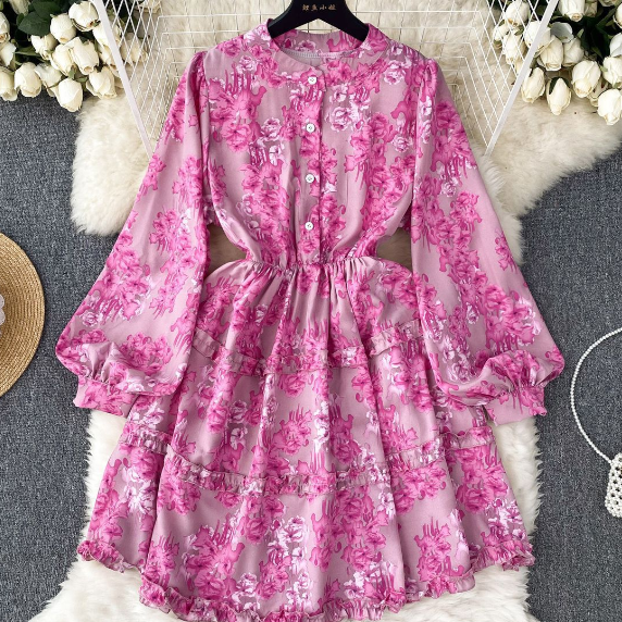 Design Temperament Bubble Sleeve Floral Dress