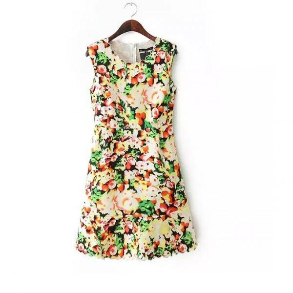 Printed Slim Sleeveless Vest Dress we40607po on Luulla