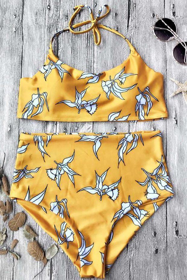 Yellow White Floral Print Crop Halter Bikini Set on Luulla