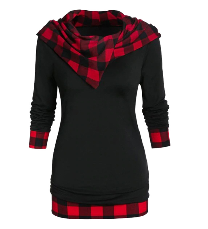 Plaid Long-sleeved Hooded Sweater on Luulla