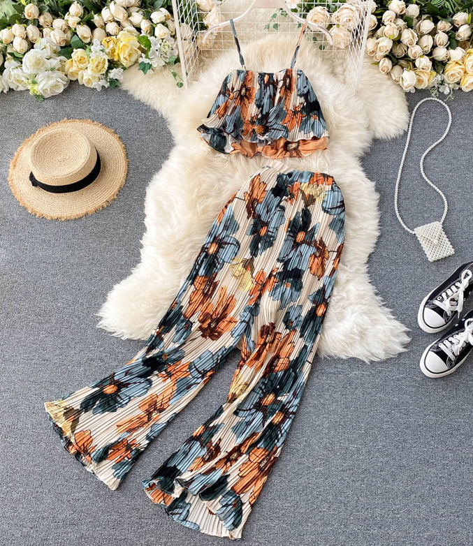Printed Sling Vest Design High Waist Two-piece Suit on Luulla