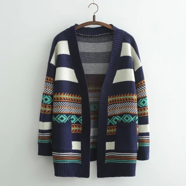 Loose Striped Long-sleeved Knit Cardigan Sweater Jacket WE91403PO on Luulla